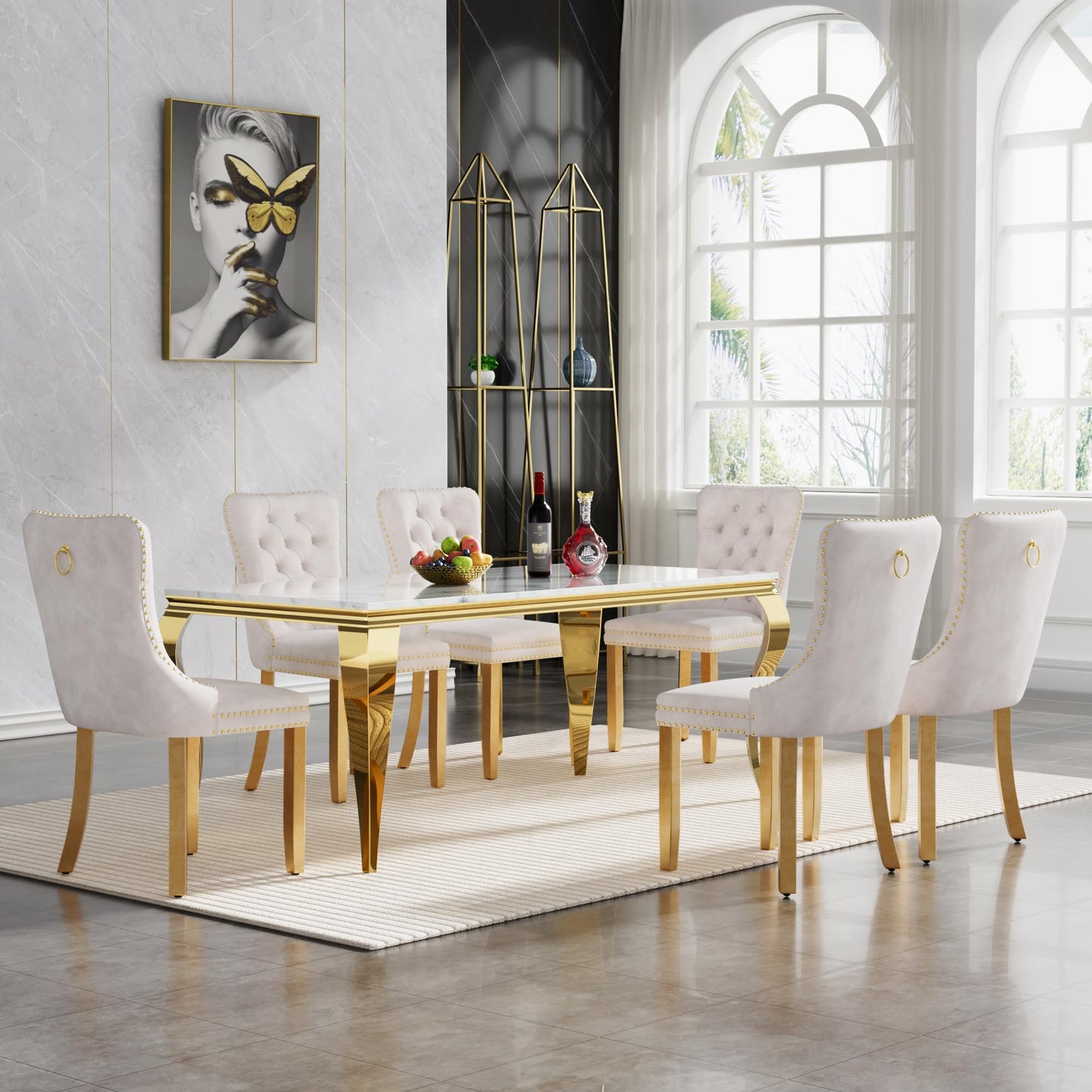 70" Faux Marble Dining Table Set for 6, Modern Marble Dining Room Table with 6 Beige Velvet Dining Chairs Set, Luxurious Kitchen Table with Gold Stainless Steel Pedestal, 7 Piece Dining Table Set