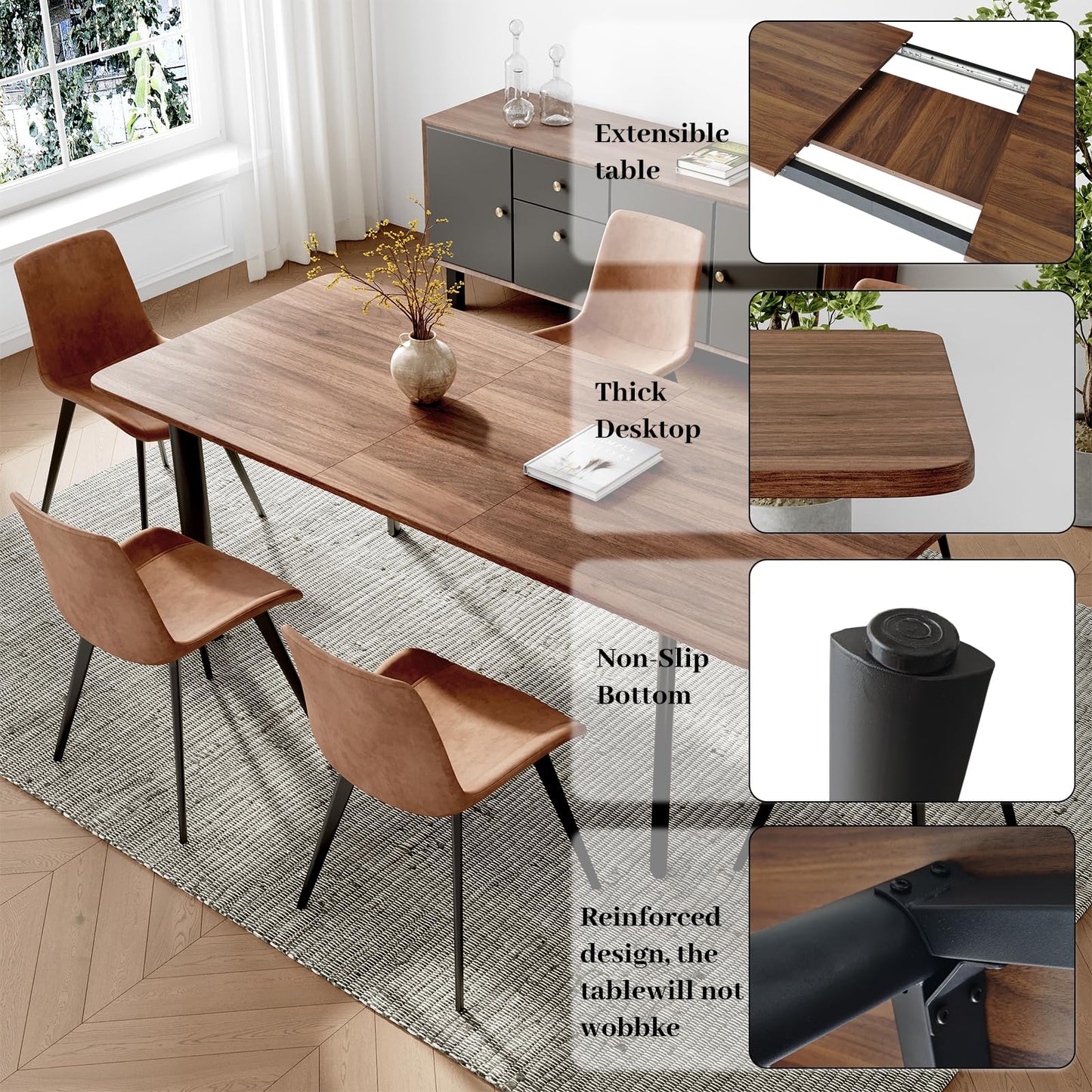 HIPIHOM 63"- 78.7" Extendable Dining Table Set for 6, Modern Kitchen Table with 6 Dining Chairs, Thickened Expandable Wooden Table with Metal Legs for Dining Room, Kitchen