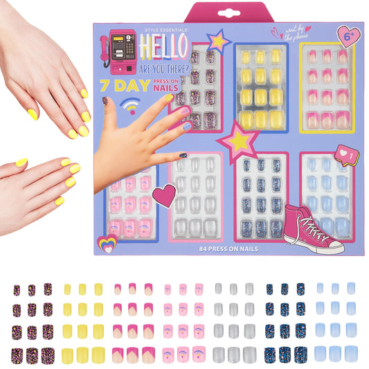 7 Day Manicure Collection - 84PC Press On Nail Set, Day-Of-The-Week Adhesive False Nails for Girls (HELLO THERE Collection) – Colorful Novelty Designs Stick On Nails For Kids