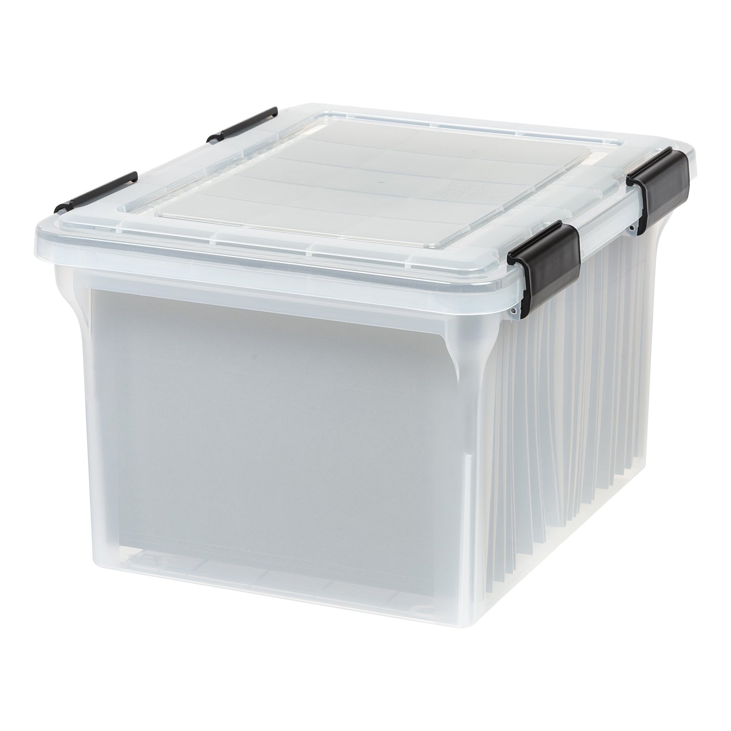 IRIS USA File Box WeatherPro Organizer Plastic for Letter/Legal, Water Resistant Document, Durable Lid, Seal w/Secure Latching Buckles, Stackable, Nestable, Clear 32 Qt. 1 Pack