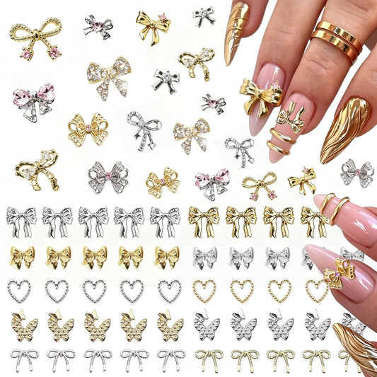 80Pcs Bow Nail Charms Gold Silver Bowknot Nail Art Charm and Gems with Rhinestones Shiny Nail Jewelry Acrylic Accessories for Women Girl DIY Nail Decorations