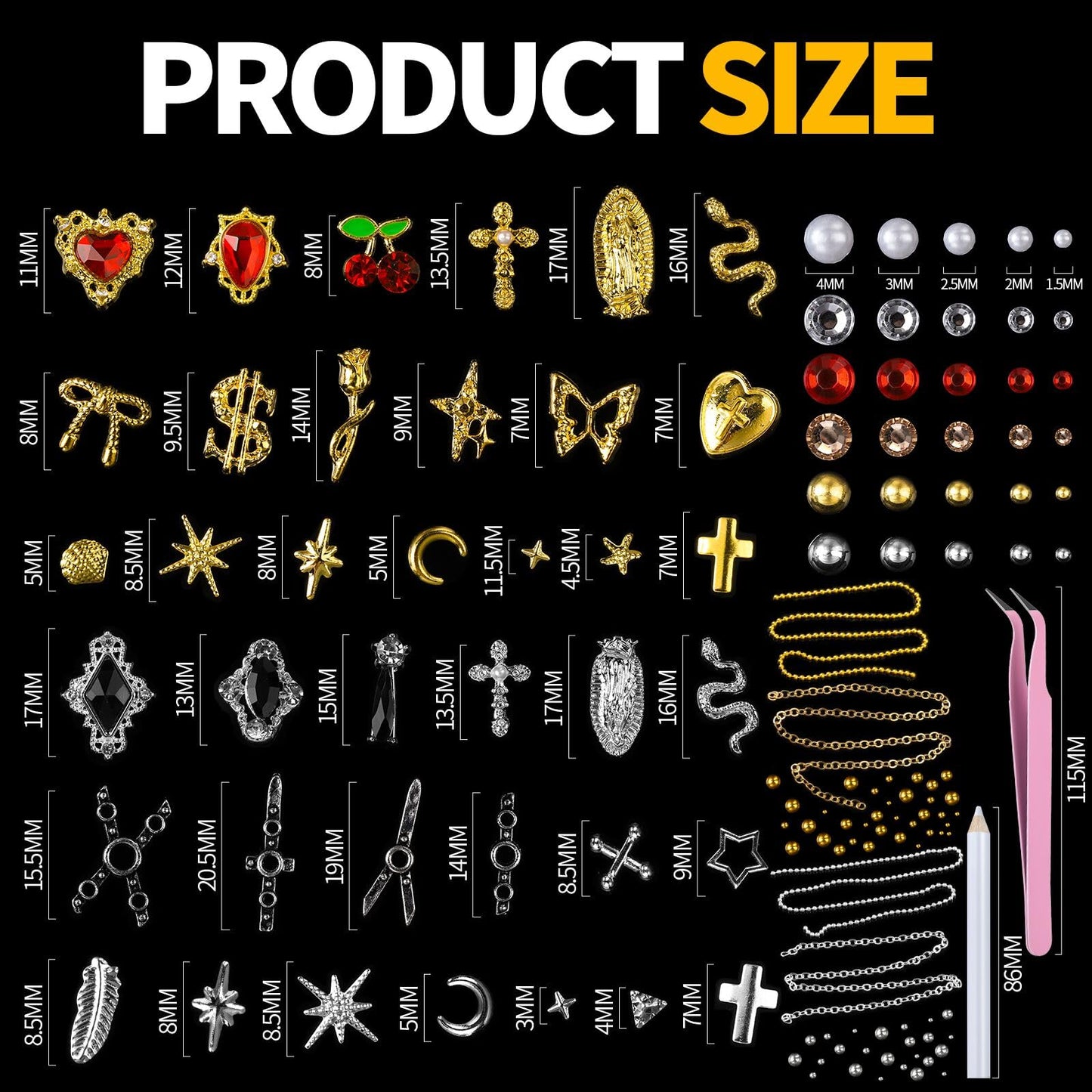Teenitor Nail Charms and Gems with Nail Stickers, 6 Boxes Silver & Gold Nail Gems and Rhinestones Kit for Women, 3D Nail Art Rhinestones Nail Pearls, Caviar Beads for Nails,Y2K & Cross Nail Charms