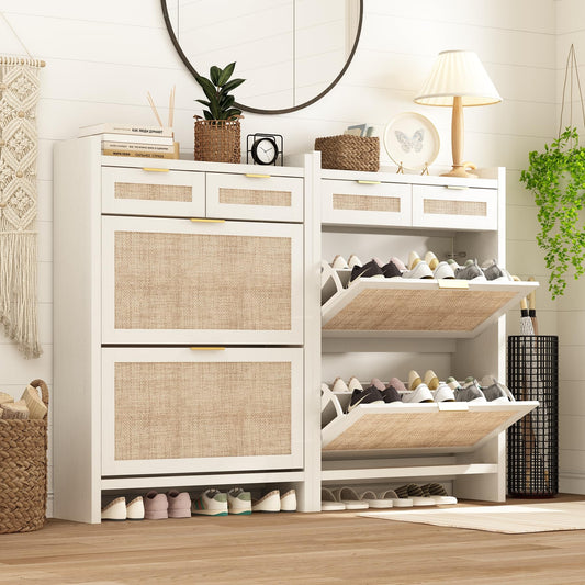 Shoe Organizer Cabinet Storage for Entryway - Slim Rattan Shoe Rack for Front Door Entrance, Narrow Hidden Shoe Cabinet with Flip Drawers, Boho Shoe Holder Cabinet，Two Doors, White, Set of 2