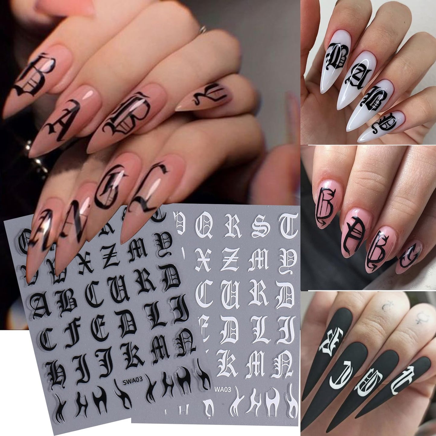 Letters Nail Art Stickers Decals 12 Sheets Alphabet Initial Nail Decals 3D Self-Adhesive White Black Gold Old English Gothic Letter Sticker for Nails Art Women DIY Manicure Decoration Accessories