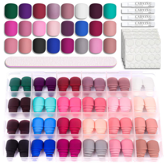 Press On Nails - LADYING 576 Pc Square Matte Full Cover False Nails, 24 Colors, DIY Kit, Includes Nail File and Adhesive Tabs