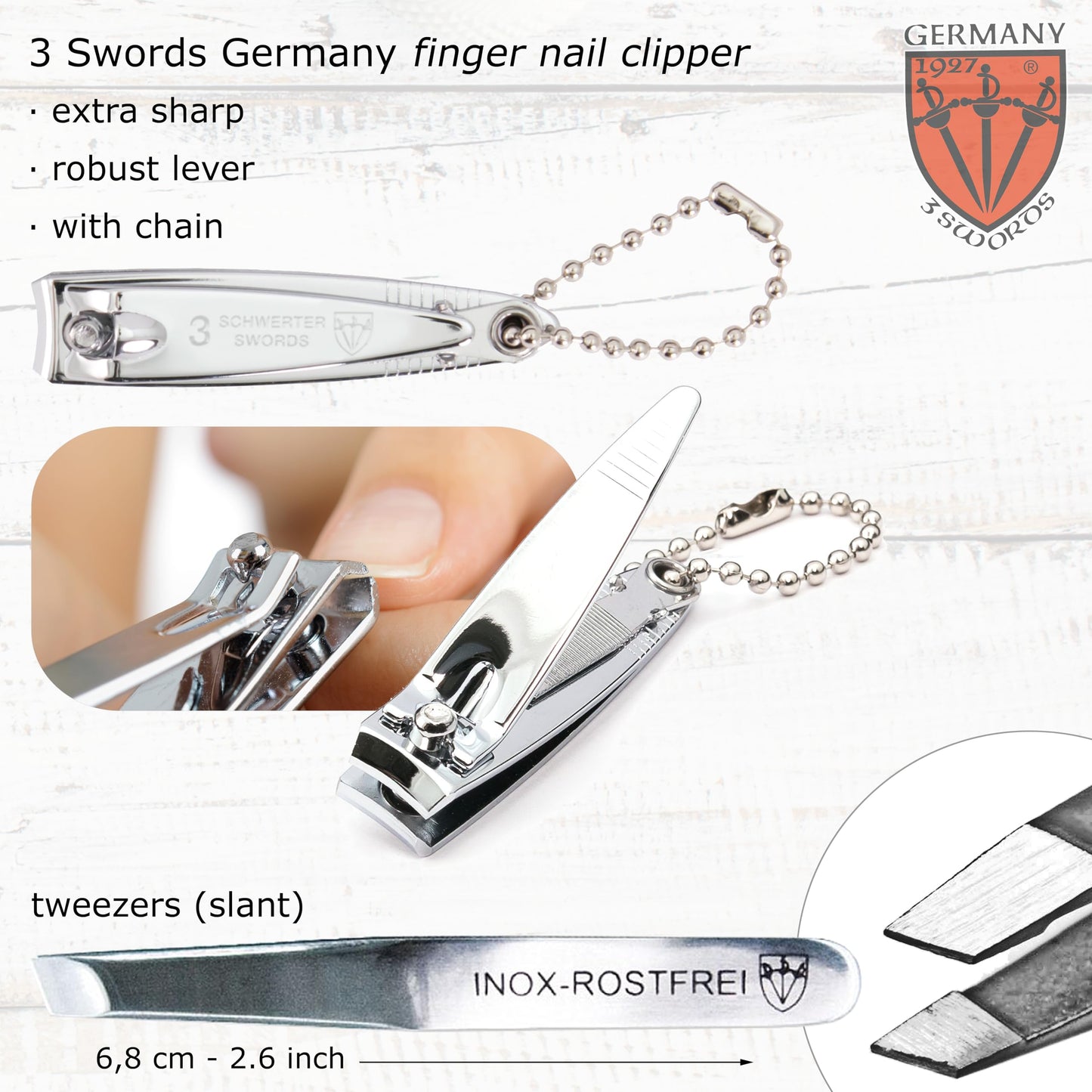 3 Swords Germany - Brand Quality 6 piece Manicure Pedicure Grooming kit Set - Scissors, Metal and Glass Nail File, Clipper, Tweezers with Synthetic Leather case - Black