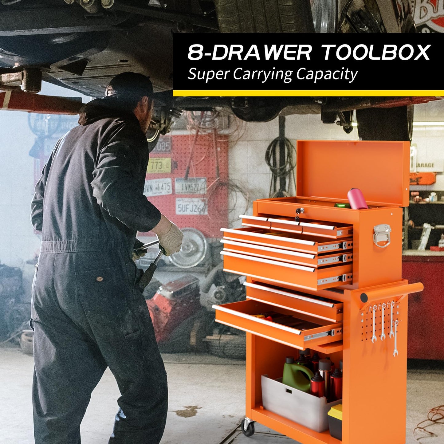 On Shine 8 Drawer Rolling Tool Chest, Large Capacity Rolling Tool Box with Wheels, Locking Mechanical Tool Chest, Portable Tool Box with Sliding Drawers,Metal Tool Box for Garage Workshop (Orange)