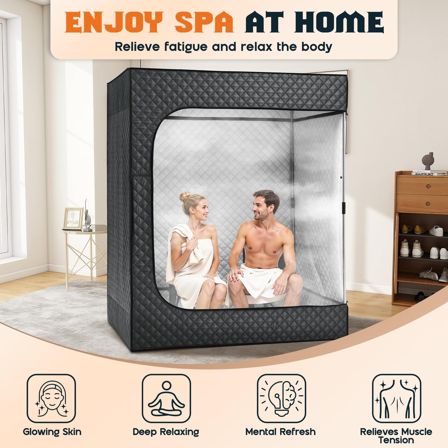 Albott 2 Person Steam Sauna for Home, Portable Sauna Tent with 3L 1500W Steamer, Extra Large Size 4.9’ x 3.3’ x 5.9’ Full Body Home Spa, Remote Control, Folding Chair, Grey