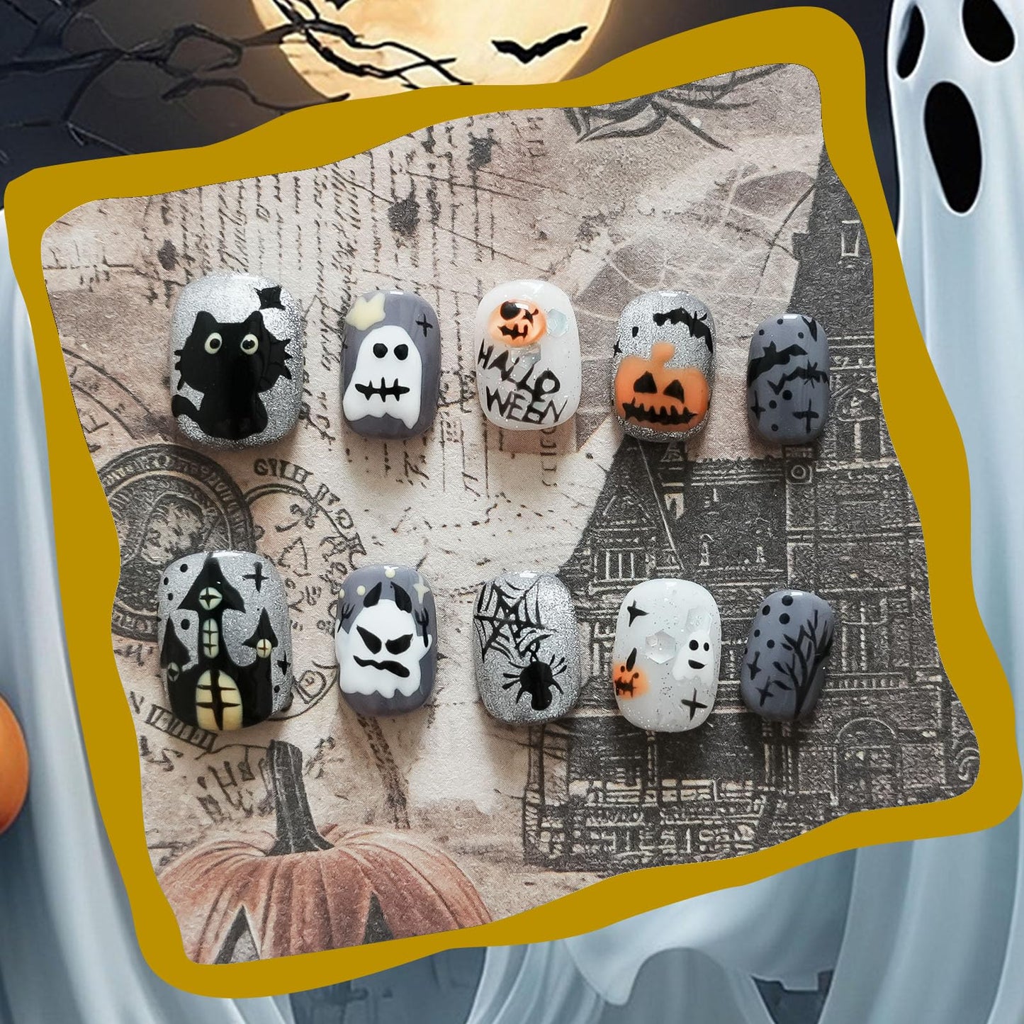 Grey Glitter Press on Nails Short Square - Handmade 3D Cartoon Ghost & Cat Design, Luxury Y2k Fake Nails, Reusable Multi-Layer Gel Nails Art (Autumn Haunted Story,S)