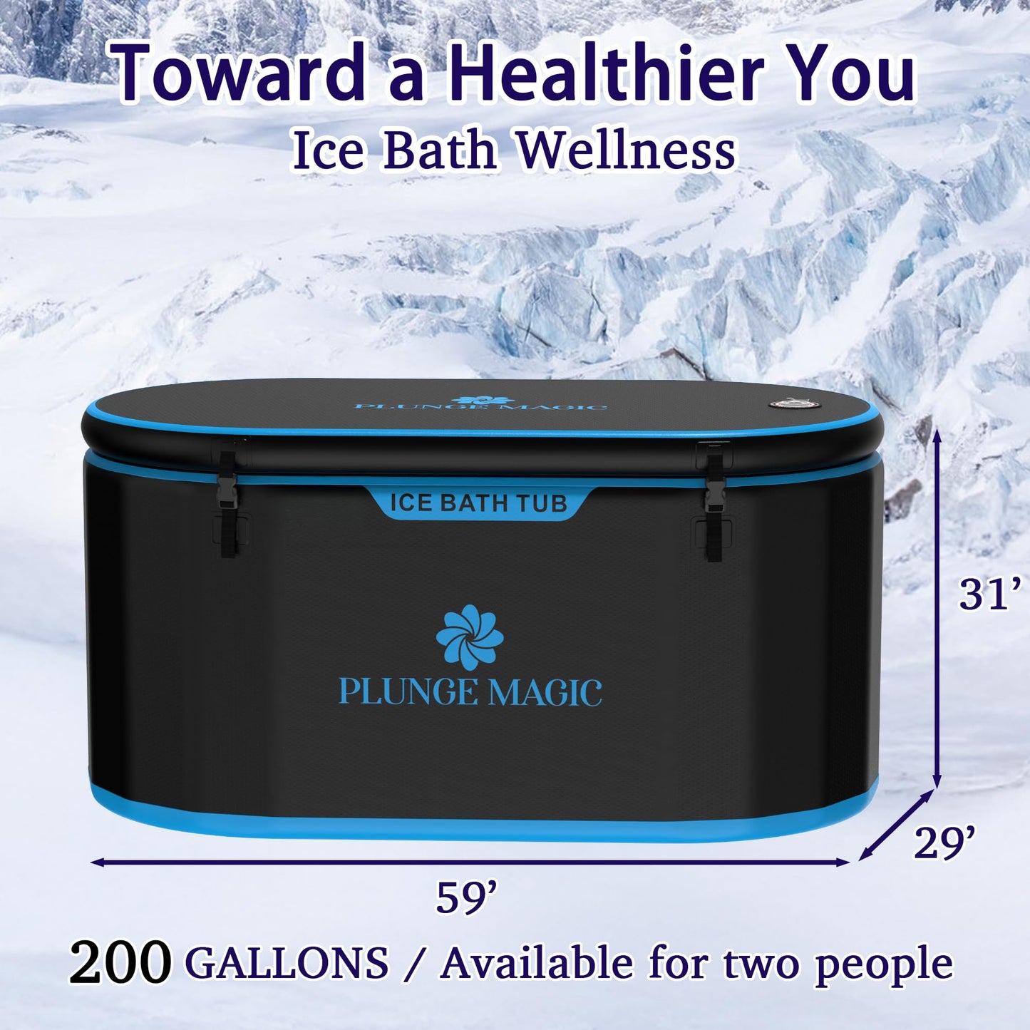 PLUNGE MAGIC Ultimate Cold Plunge Tub Inflatable Ice Bath Tub With Cover for Athletes Portable & XXL Size Black, Water Chiller Compatible (Black-Elongated)