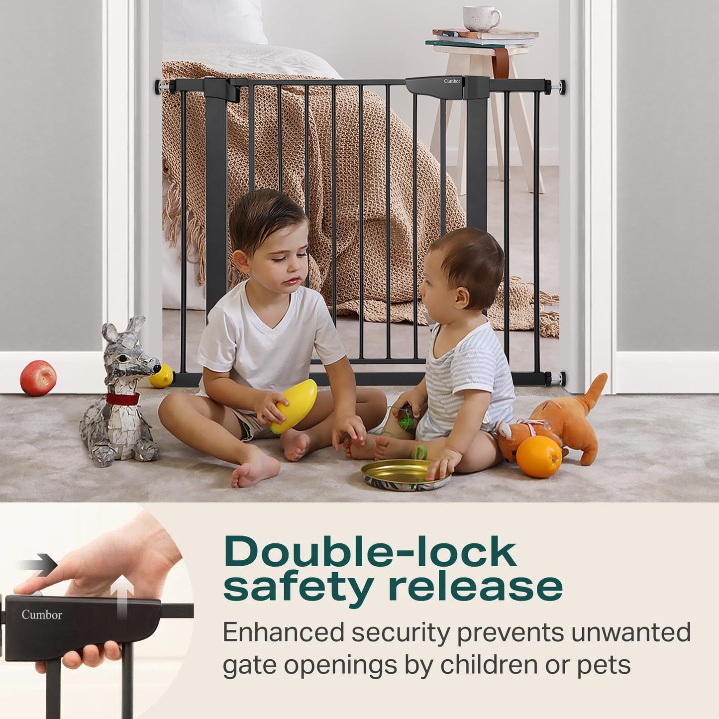 Cumbor 29.7-40.6" Baby Gate for Stairs, Mom's Choice Awards Winner-Dog Gate for Doorways, Pressure Mounted Auto-Close Pet Gates for Dogs Indoor, Safety Child Gate with Easy Walk Thru Door, Black