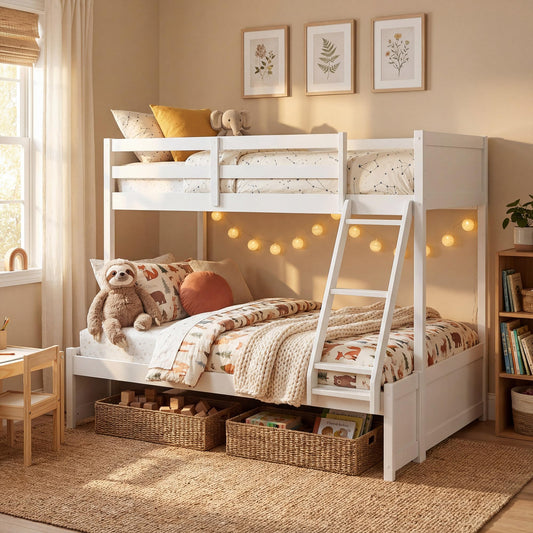 KOMFOTT Twin Over Full Bunk Bed, Pine Bed Frame with 3-Step Ladder, Full-Length Guardrails & 21 Wooden Support Slats, Solid Wood Bunk Bed for Teens, Kids, Adults, Dorms and Apartments (White)