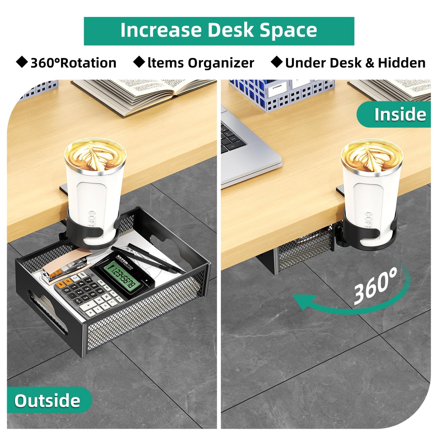 CABTE Desk Cup Holder with Drawer Organizer, Anti-Spill Clip-On Table Cup Hook with 360° Rotation Hidden Storage Box for Office Home Gaming Table (Black)