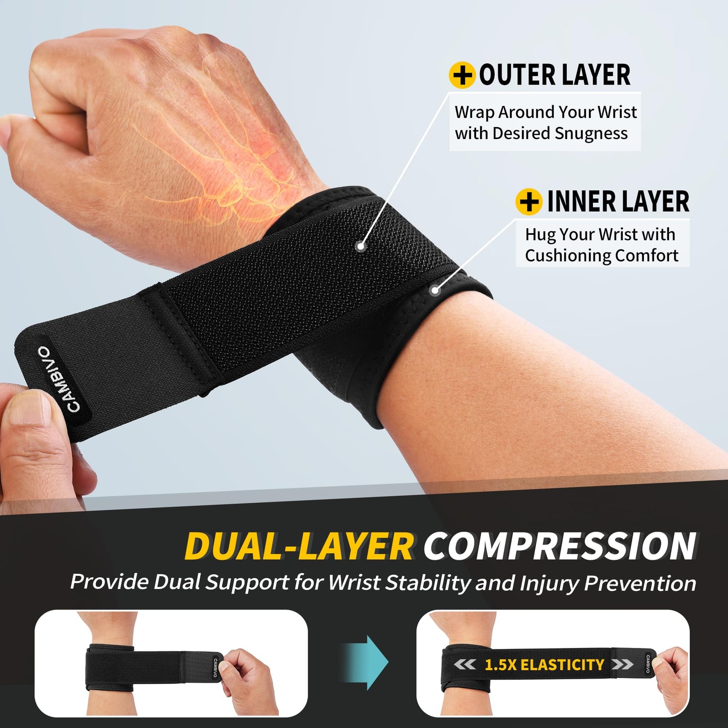 CAMBIVO Wrist Wraps for Men and Women 2 Pack, Adjustable Compression Wrist Brace for Carpal Tunnel, Wrist Support, Pain Relief, Lifting Straps Wrist Bands for Fitness, Weightlifting, Gym Workout