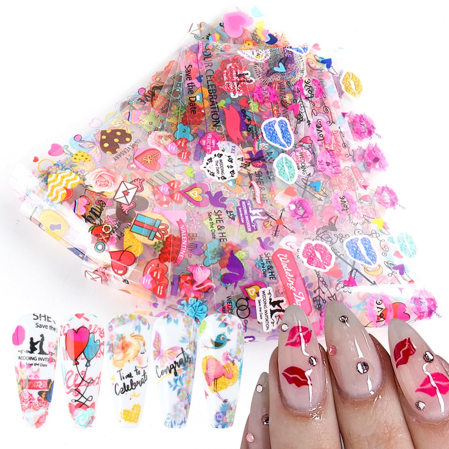 Rose Flower Nail Foil Transfer Nails Art 50PCS Valentine's Day Nail Art Foils Sheets Love Heart Lips Designs Stickers Starry Sky DIY Valentines Decals for Women Acrylic Supplies Manicure Decoration
