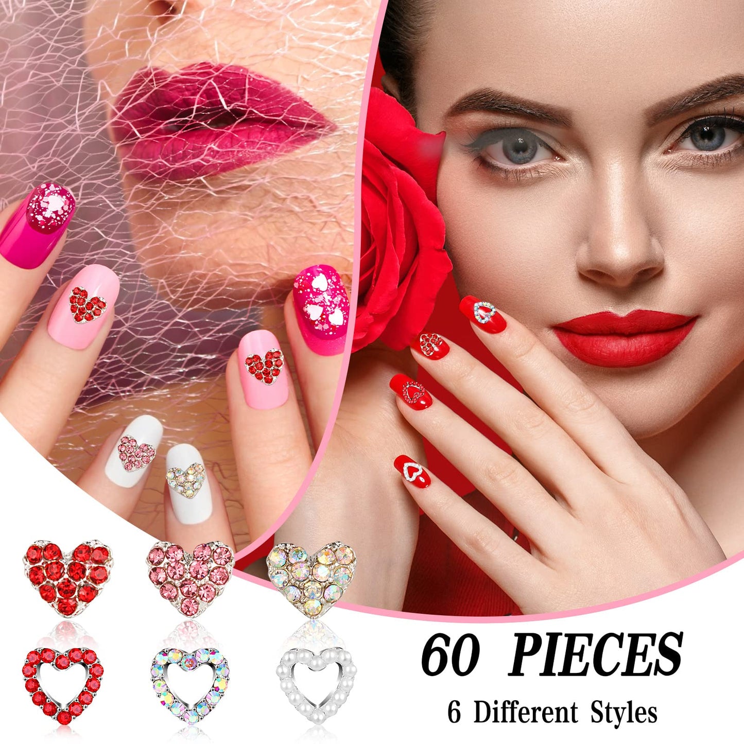 60 Pieces Valentines Day 3D Heart Nail Charms Heart Rhinestone Art Decals Love Crystal Gems Alloy Diamonds Decor for Valentine‘s Day Women DIY Nail Jewelry Accessories(Novel Style)