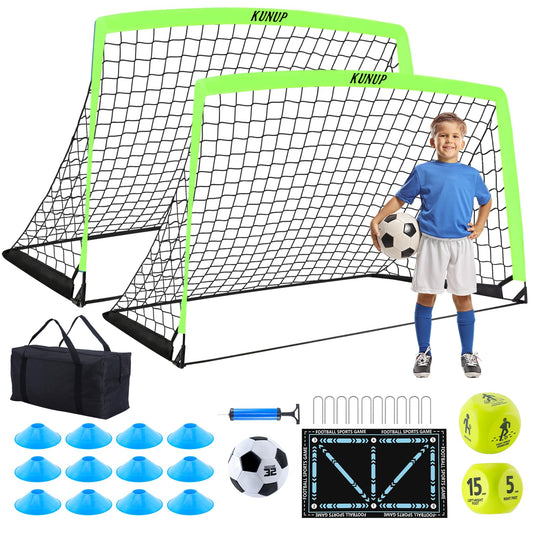 2 Set Kids Soccer Goals for Backyard with Training Equipment, 5×3 Portable Foldable Practice Nets with Ball, Dice & Mat, Cones, Air Pump and Carry Bag for Toddler Youth Outdoor Sports Game