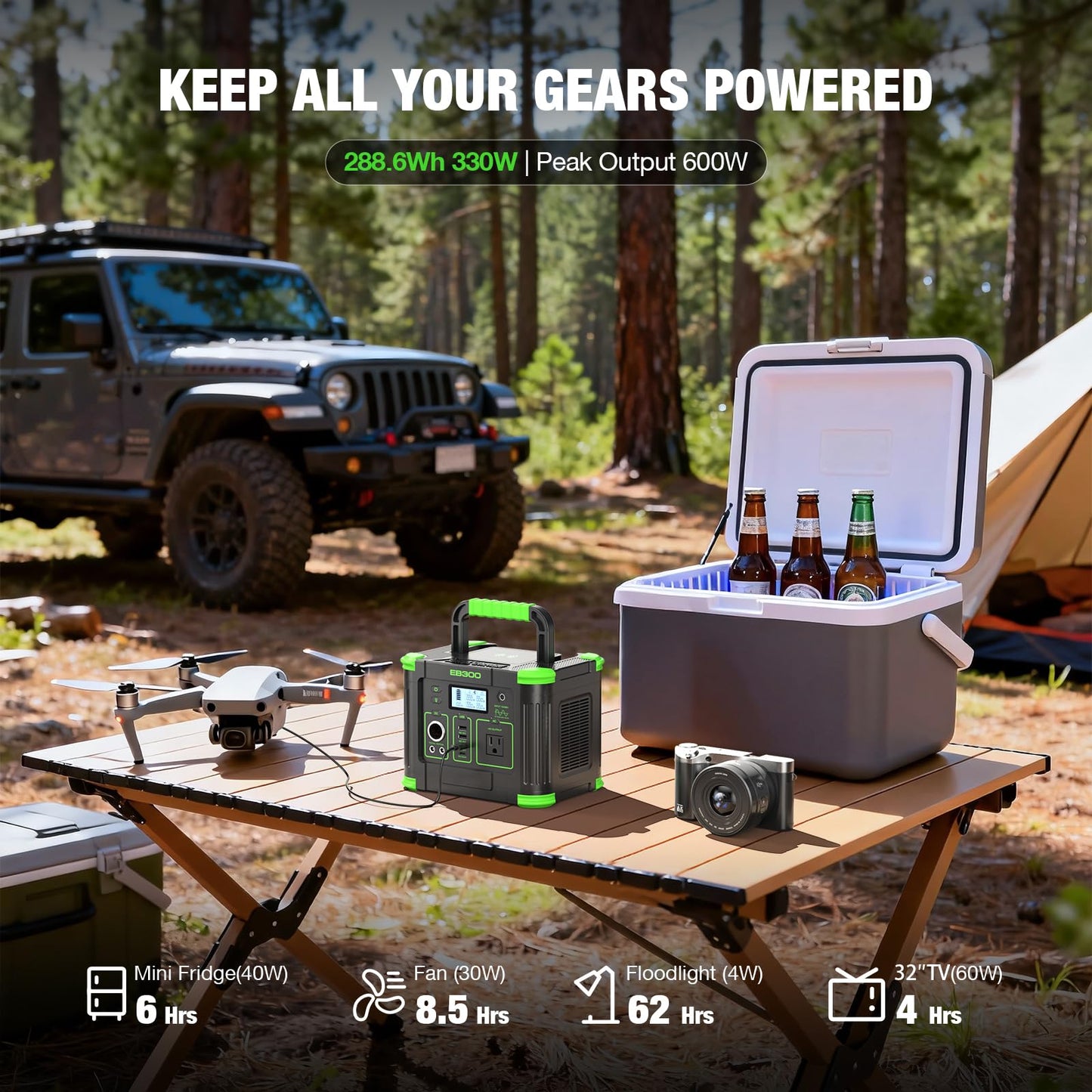 330W Portable Power Station, 288.6Wh Solar Generator with 60W USB-C PD Output, 120V Pure Sine Wave AC Outlet, 5W Wireless Charging, Multi-Port Power Supply for Camping, Home Blackout, RV Travel