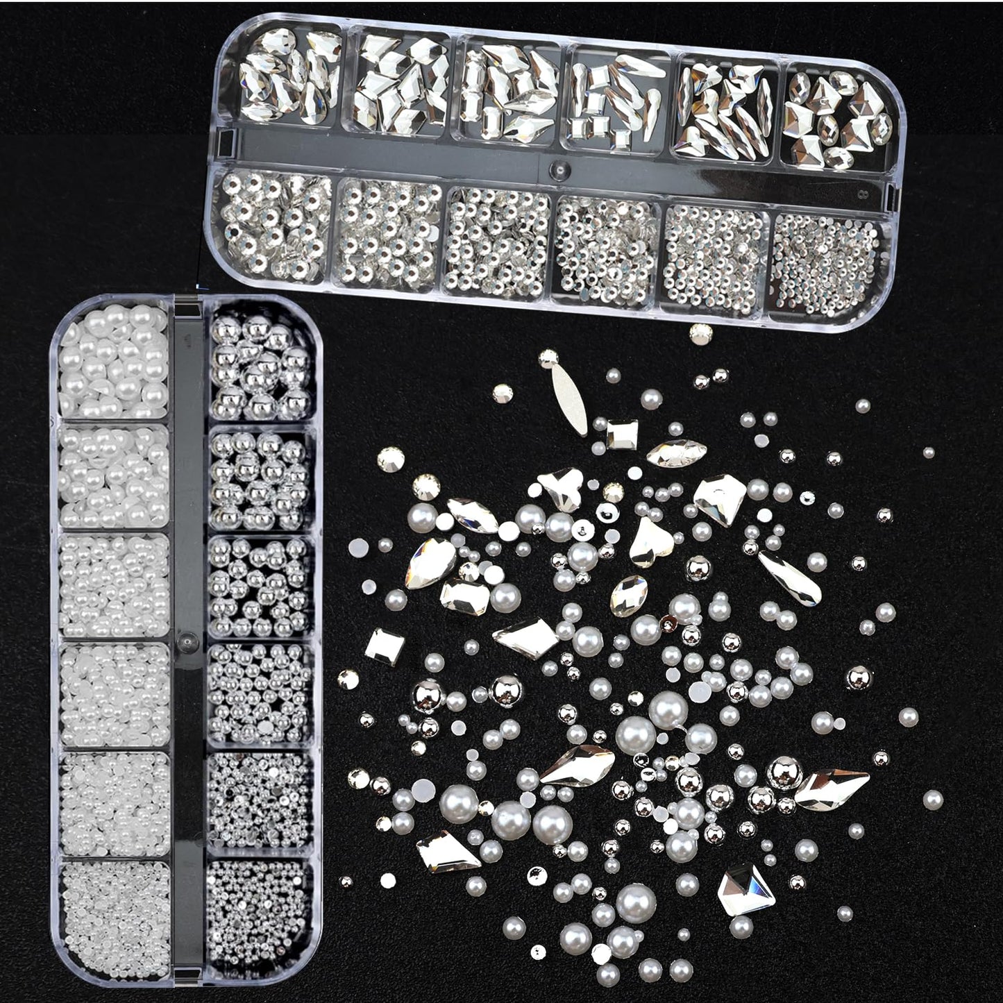 SEMATA White Nail Art Pearls Charms Silver Clear Nail Gems Flatback Nails Rhinestones Pearls Half Round Silver Nails Beads Art Accessories Decoration Design for Women
