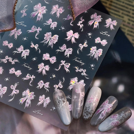 Shell Light Pink Bow Nail Art Stickers Cute Bow Nails Stickers 3D Self-Adhesive Glitter Pink Ribbon Bowknot Nail Decals for Women Girls Nail Art Decorations Accessories Cardboard Set
