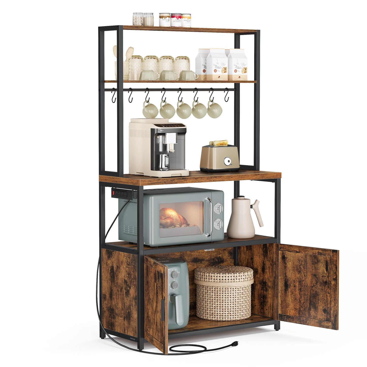 VASAGLE Kitchen Bakers Rack with Power Outlet, Coffee Bar with 35.4-Inch High Worktop, Microwave Stand with 8 Hooks, 15.7 x 31.5 x 66.9 Inches, Rustic Brown and Ink Black UKKS059K01