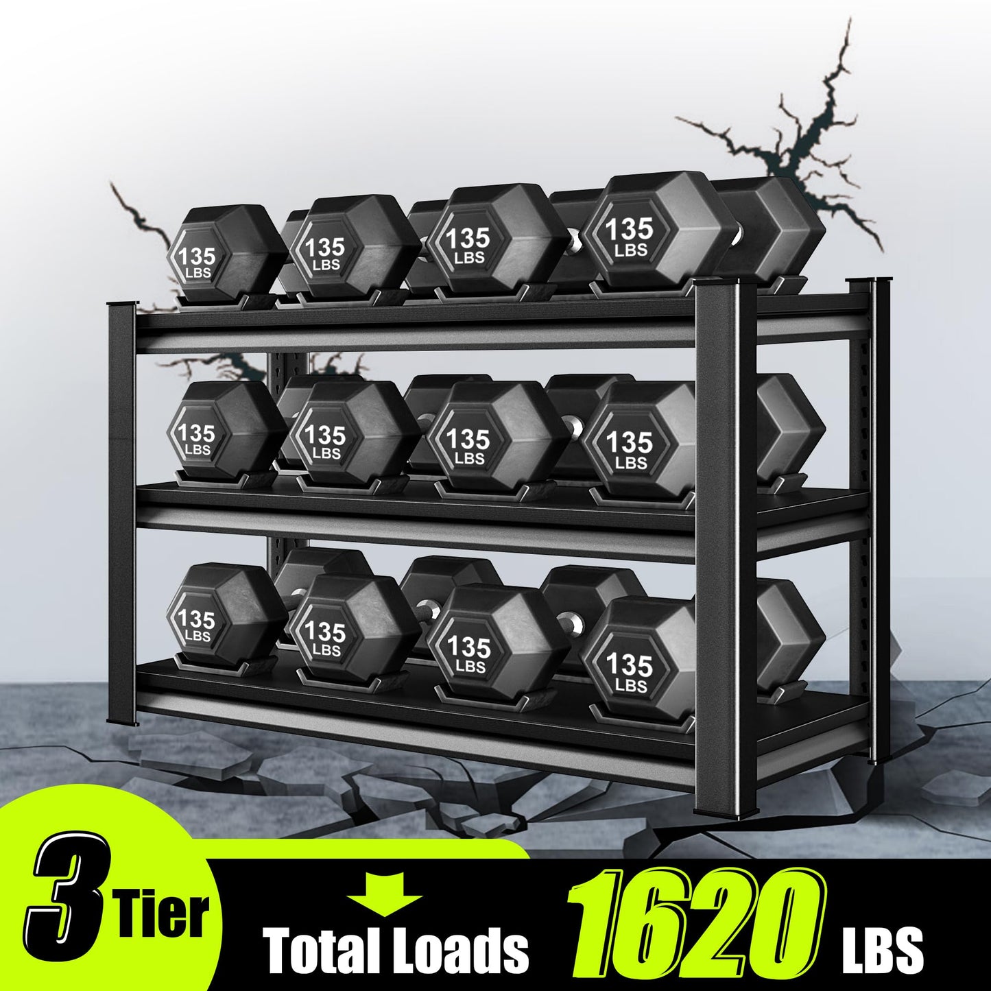 SDXYSTCE 3-Tier Garage Shelving Heavy Duty,48”W x 18”D x 39”H Metal Shelving Unit，1620 lbs Weight Capacity Adjustable Storage Shelves for Retiple Tanks, Pantry, Garage，Black