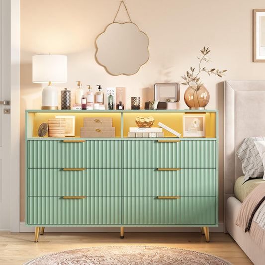 6 Drawers Dresser for Bedroom, 53.9" Wide Dressers with LED Lights and Charging Station, Curved Profile Design, Fluted Wood Drawers with Gold Handle, Modern Chest of Dressers for Living Room, Green