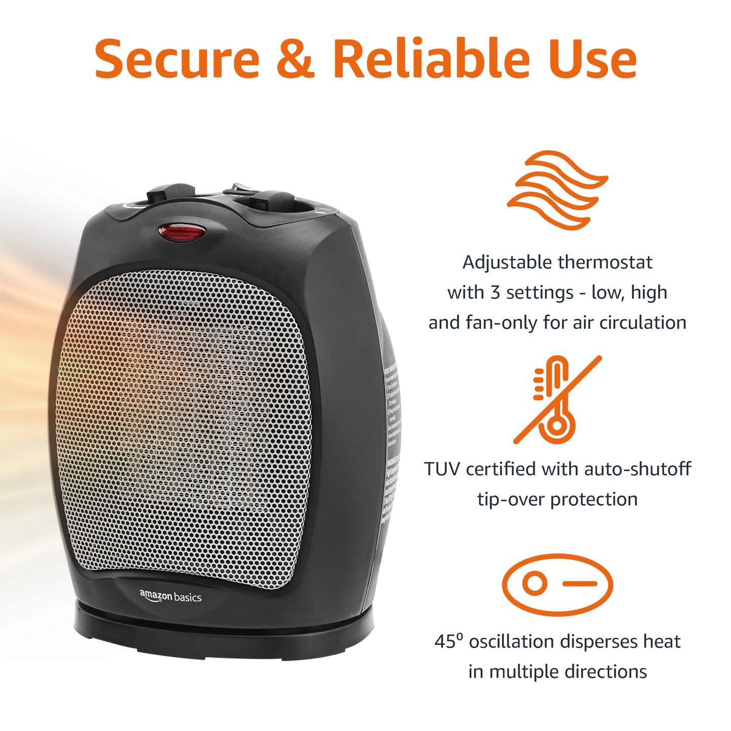 Amazon Basics Oscillating Ceramic Space Heater, Portable Fast Heating Indoor Solution, With Overheat and Tip-Over Protection, Thermostat, 1500W, 7.52"D x 6.34"W x 9.45"H, Black