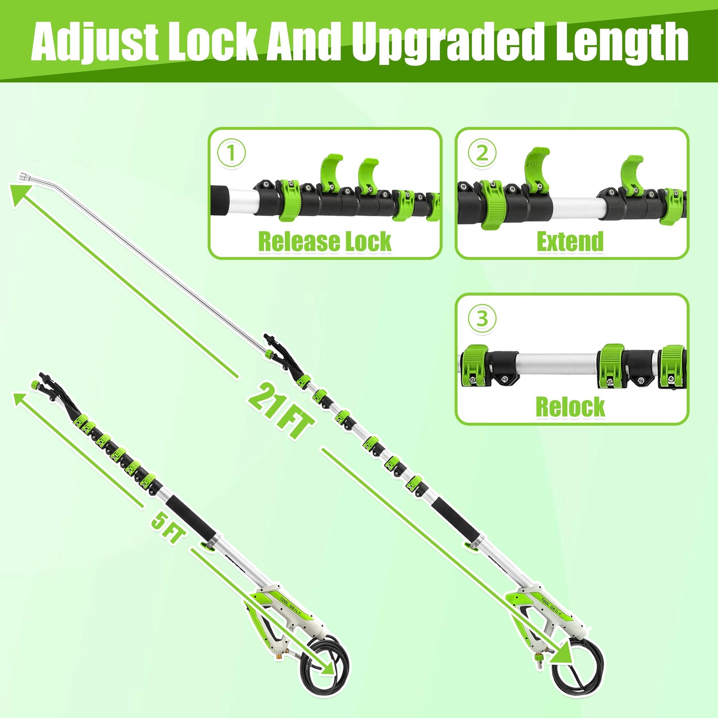 Tool Daily 21FT Telescoping Pressure Washer Wand with Brush, Power Washer Extension Wand, Aluminum Telescopic Gutter Cleaner with 3 Curved Rods, 5 Sprayer Nozzle Tips and Adjustable Belt, 4000 PSI