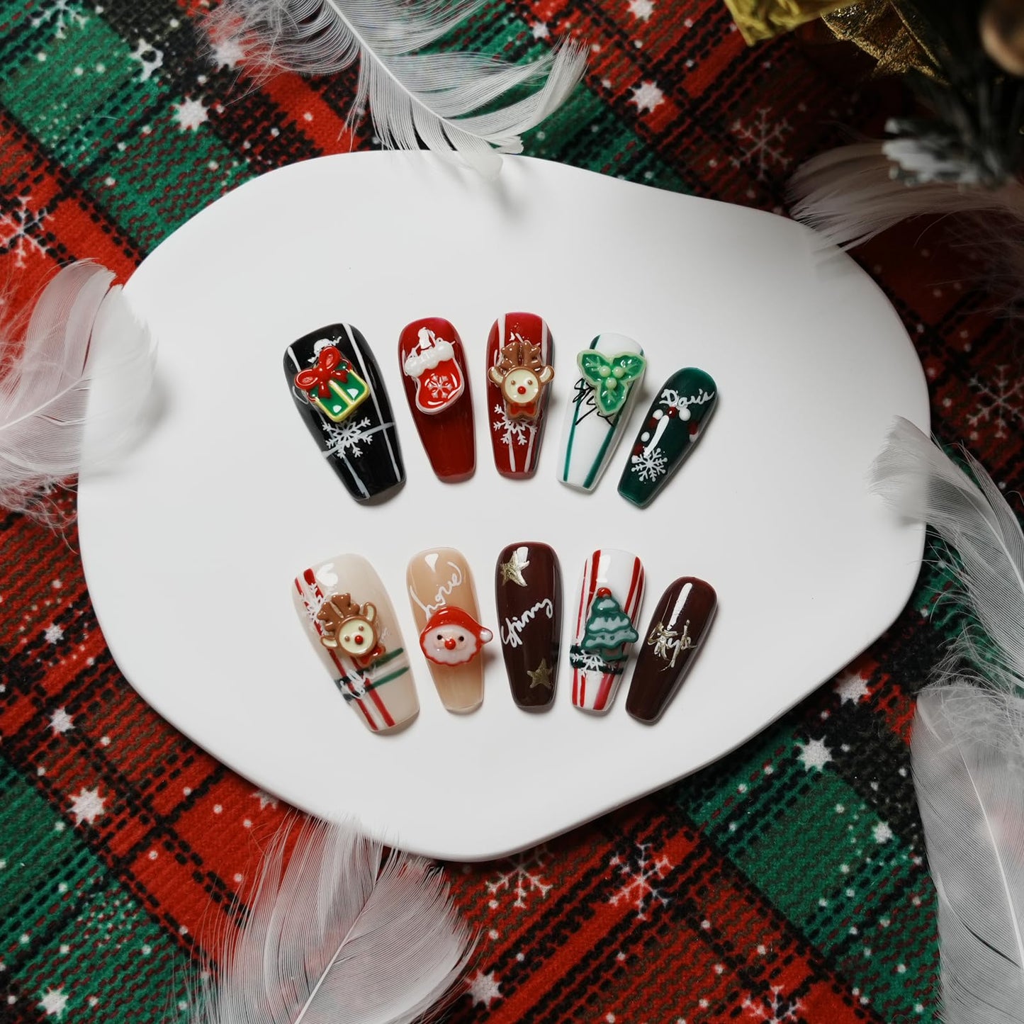 Tesytto Christmas Press on Nails Medium Coffin Colorful Fake Nails with Cute 3D Elk Santa Claus Xmas Trees Candy Canes Design Winter Handmade Acrylic Nails for New Year (Holiday Gifts,S)