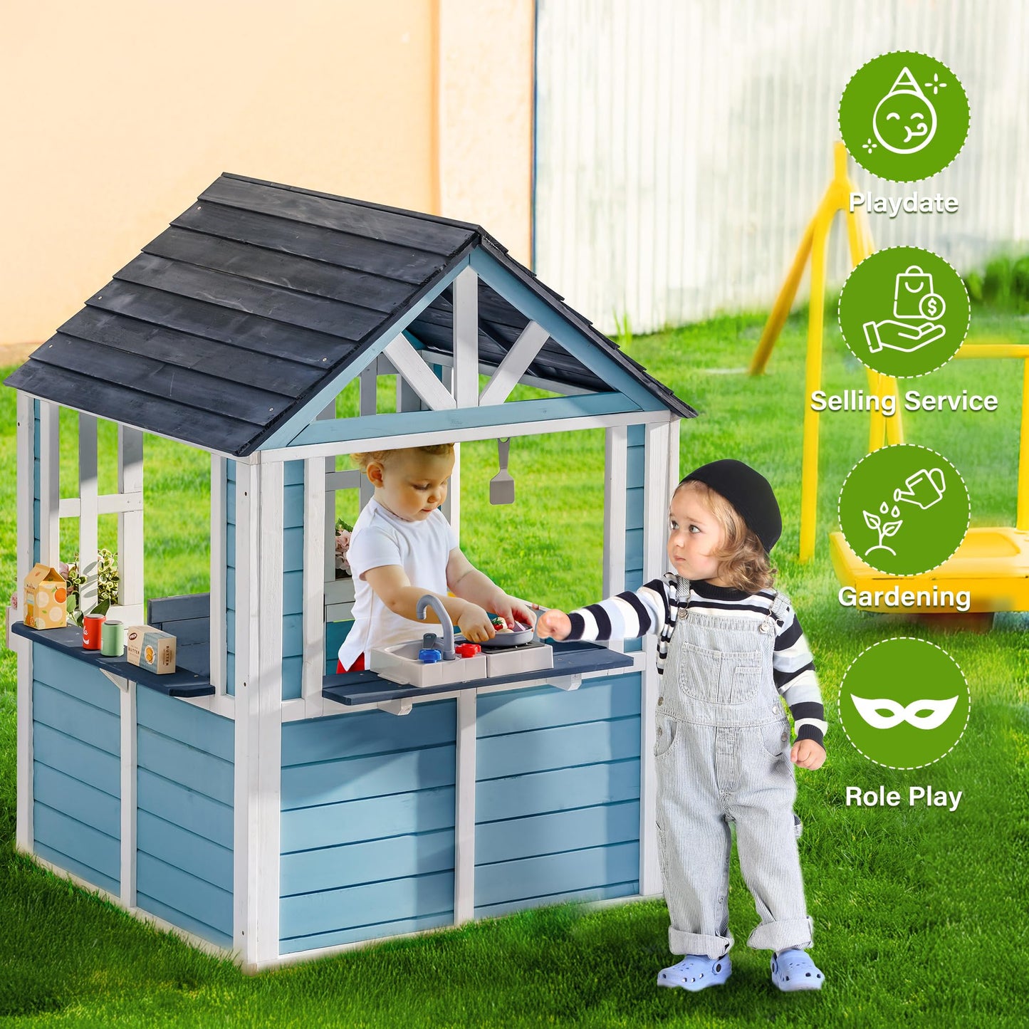 ROBUD Wooden Playhouse, Outdoor Kids Playhouse with Sink, Stove, Cookware, Flowerpot Holders, Snack Bar, Cottage Play House for Backyard, Blue