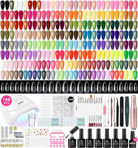 VANREESA 148Pcs Gel Nail Polish Kit with U V Light Almond Nail Tips Nail Drill -60 All Seasons Colors Gel Polish Set with 6Pcs Base Top Coat Gel Nail Kit for Beginners with Everything Gifts for Women