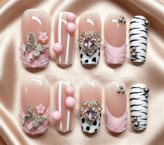 Handmade Press on Nails Square 3D Cute Glue on Nails for Women, Luxury Homemade Press on Nail Art Design, Fake Nails with 3D Nail Charms Size M 4