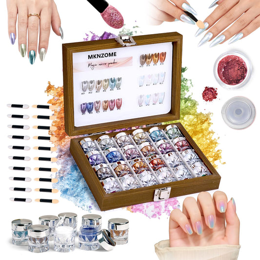 MKNZOME 24 Colors Chrome Nail Powder, Iridescent Aurora Metallic Mirror Effect Pigment Glitter Gold Silver Brown for Home Nail Art Decoration DIY Salon Manicure, Gift for Women