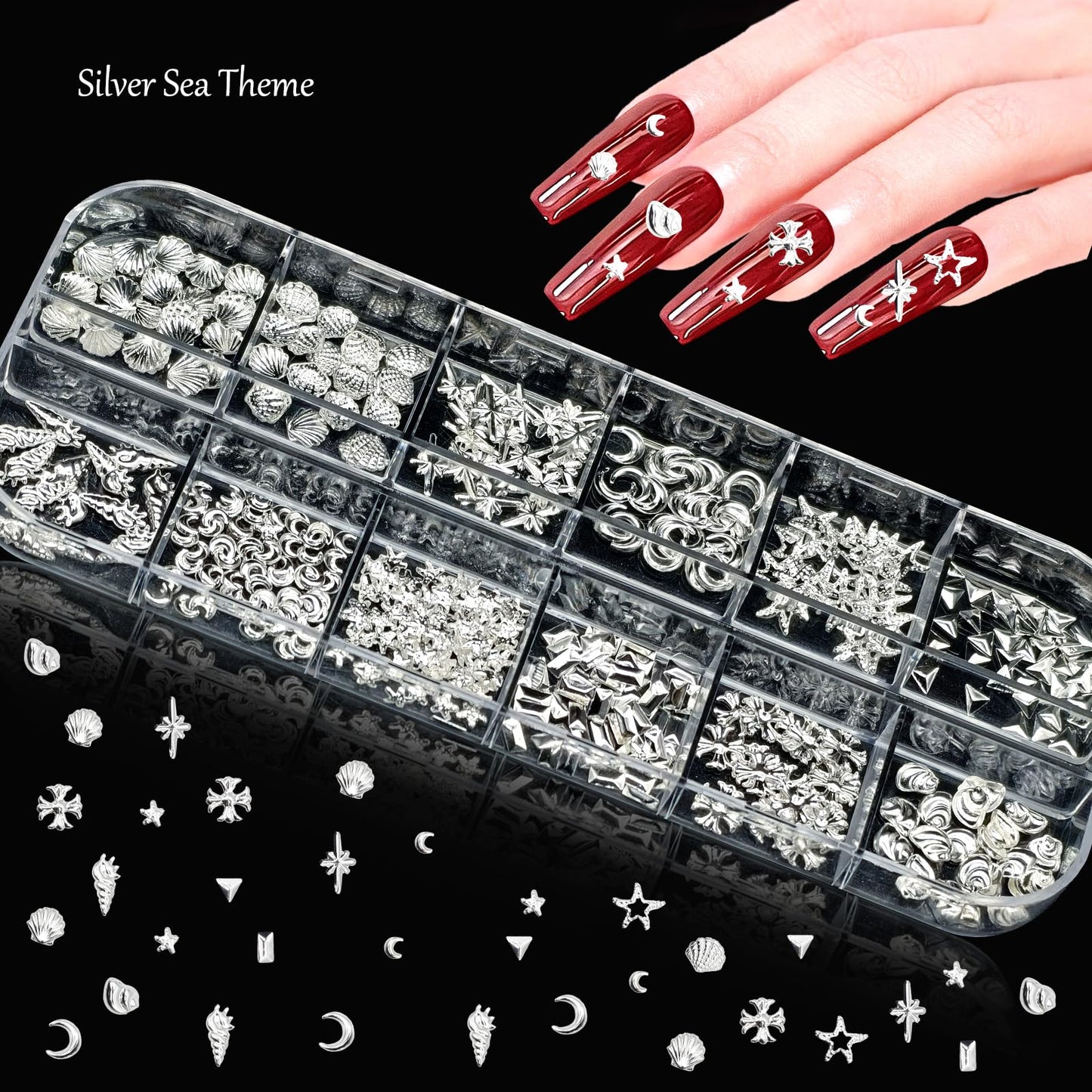 8 Boxes Nail Charms and Gems, White Pearl, Gold/Silver Sea Theme,3D Aurora Flower/Bow, Flatback Nail Gems, Rhinestones and Charms for Nail Art Kit, Various Shapes Nail Rhinestones, Nail Accessories