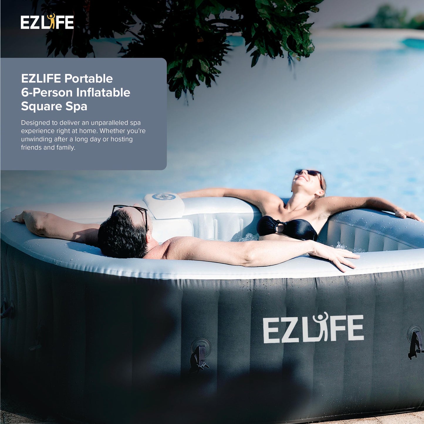 EZLIFE 6-Person Inflatable Square Hot Tub Spa with 130 Bubble Jets, LED Light Strip, 1350W Heater & Cover – Portable Outdoor Spa Pool for Adults (72"x72")