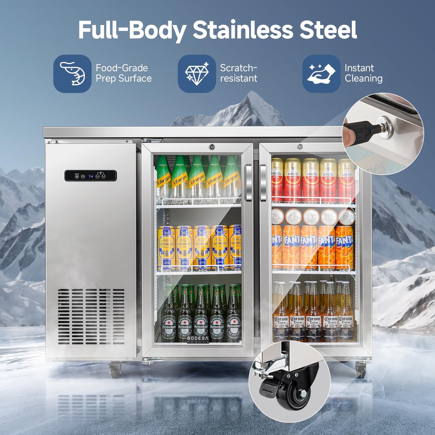 BODEGACOOLER Commercial Cooler with 2 Glass Doors,12 Cu.Ft Stainless Steel Counter Height Back Bar Refrigerator,Display Drink Beverage Fridge for Soda LED Lighting, SUS 304 Stainless Steel Exterior