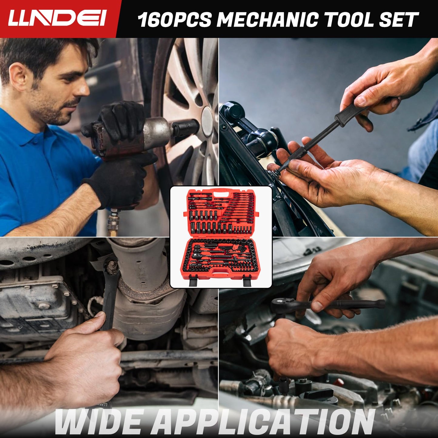 LLNDEI 160-Piece Mechanics Tool Set, Metric Socket Set 1/2 1/4 3/8 inch Drive Professional Tool Kit, CR-V Deep & Shallow Kit with Quick Release Ratchet