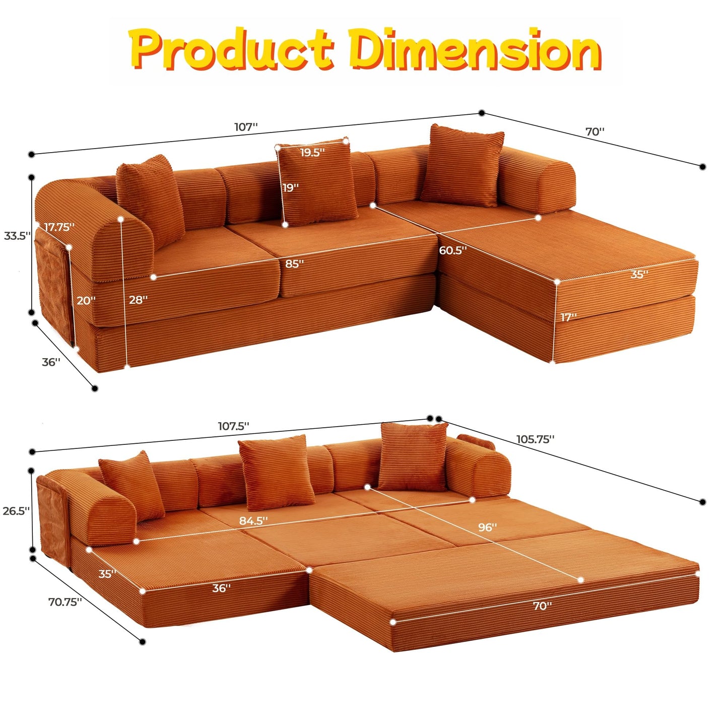 Topcomfy 106.3" L Shape Convertible Sleeper Sofa Bed, Oversized Modular Sectional Cloud Sofa with Fixed-Shape Frame & Storage Pocket, Boneless Couch for Living Room, No Assembly Required, Orange