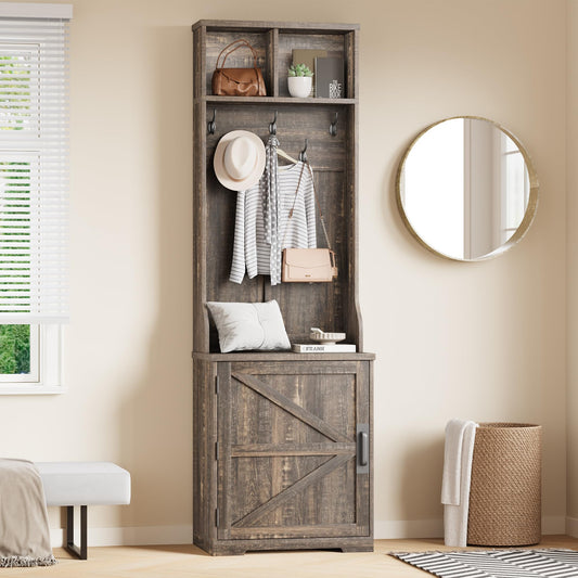 IDEALHOUSE Farmhouse Narrow Coat Rack with Shoe Storage, 23.6" Small Hall Tree with Bench, Entryway Coat Rack with 5 Hooks, 2 Cubbies & 1 Barn Door Cabinet for Entryway, Hallway, Mudroom, White/Brown