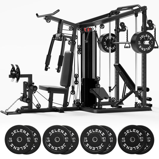 JELENS Home Gym System, 150LB Weight Stack Smith Machine with LAT Pull-Down & Leg Press, All-in-One Strength Training Equipment, Workout Station for Workout (Black, 190LBS Black Weights Package)