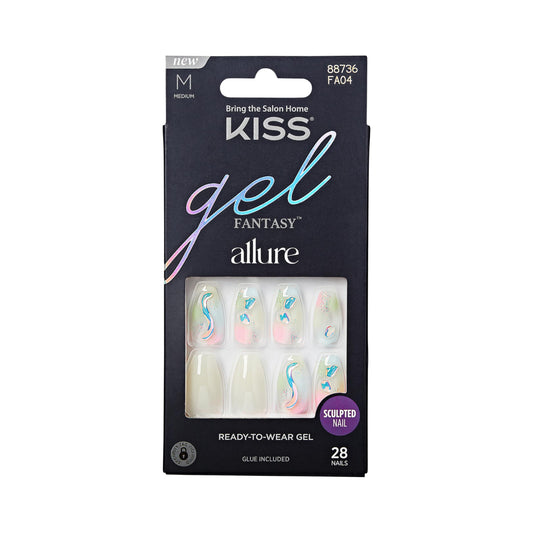 KISS Gel Fantasy Allure Press On Nails, Ready to Wear, 3D Design, Waterproof, Pink Gel Nail Glue 0.07 Oz. (2g), Manicure Stick & Mini File, 28 Count