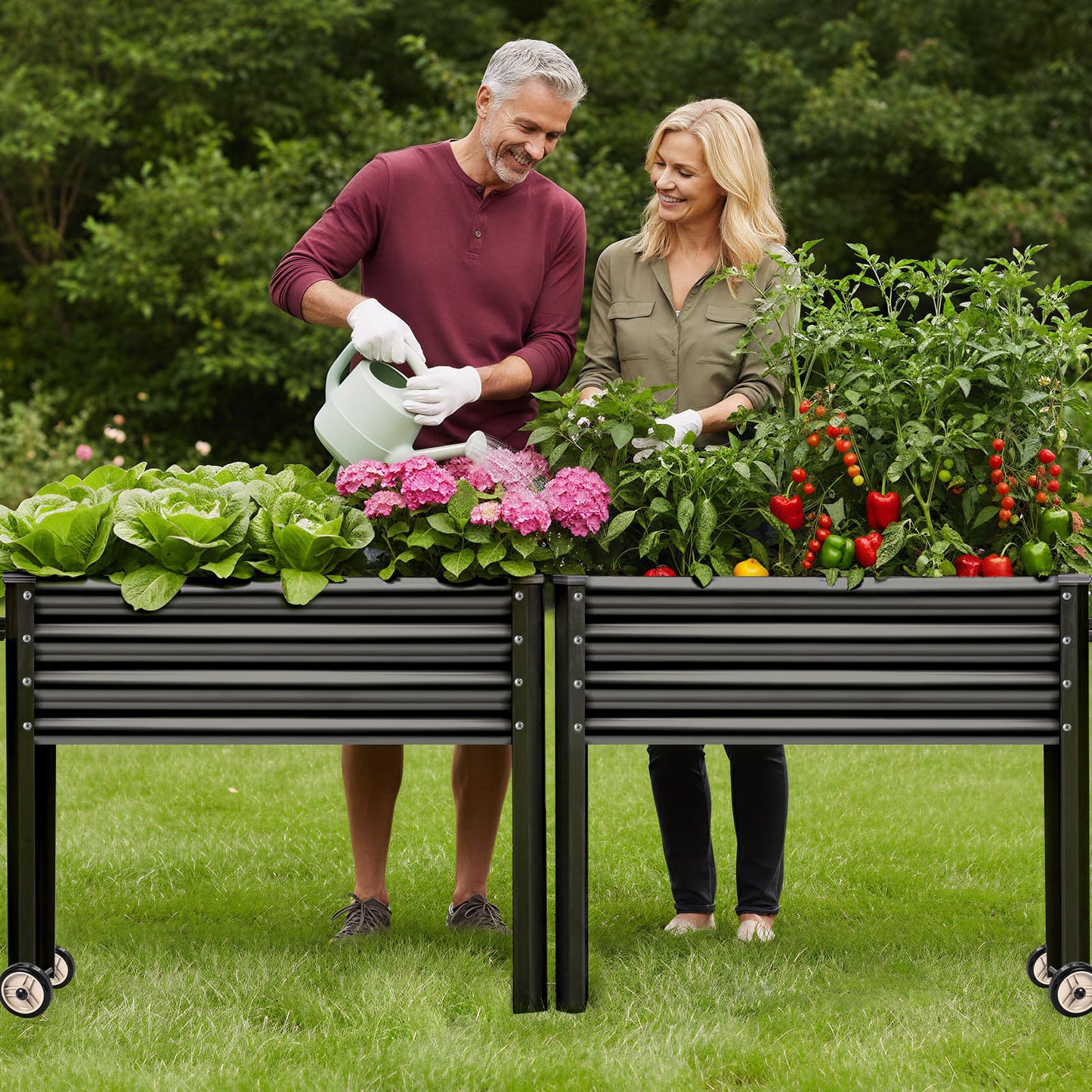 Land Guard 2 Pack Galvanized Raised Garden Bed with Legs & Wheels, 48×18×32in Metal Elevated Raised Planter Box for Backyard, Patio, Balcony, 500lb Capacity, Dark Grey