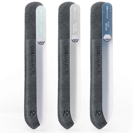 GERMANIKURE Czech Crystal Glass Nail File 3 Pack in Suede Sleeves - Professional Manicure & Pedicure Products for Smooth Easy Shaping of Natural Nails - Ideal Nail Care Gift