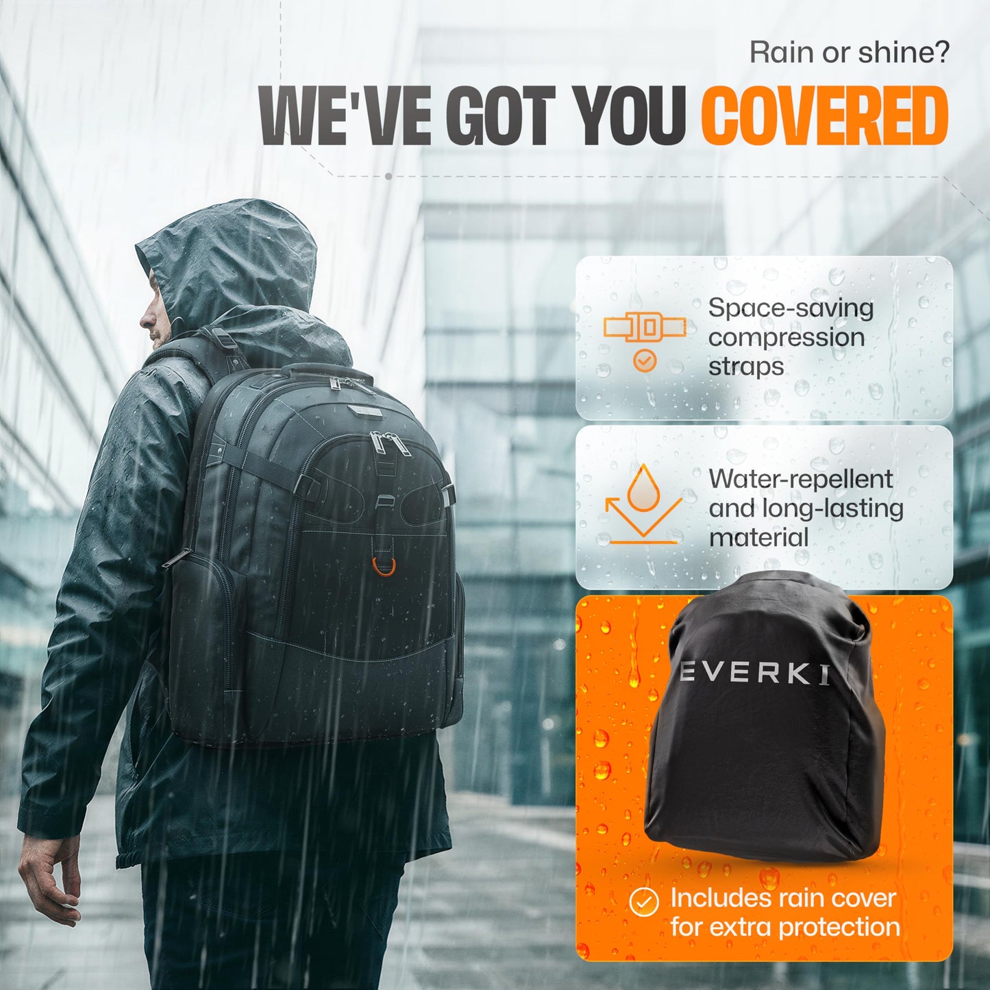 EVERKI Business 120 Laptop Backpack 40L with Rain Cover - Large Compartment Fits Up To 18.4", Travel Friendly Lightweight Business & Office Bag, 180° Fold-Out Design, Multiple Padded Pockets, Black
