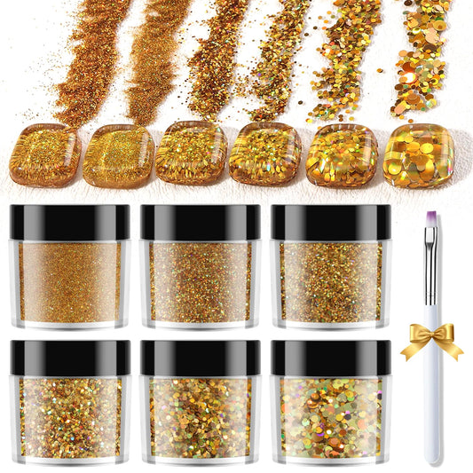 Furtherpretty Laser Gold Nail Glitter Powder Set, Mixed-Size Holographic Nail Glitter Dust, Sparkling Sequins & Flakes for Nail Art Decoration, Manicure Salon Supplies, Gold Glitter for Crafts