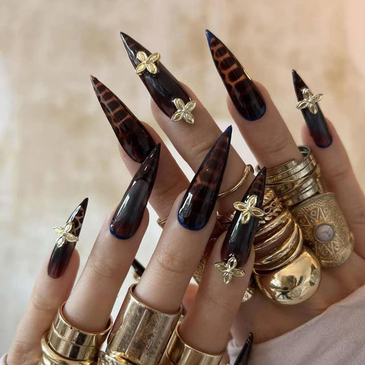 MERVF Press on Nails Long Stiletto, Brown French Tip Fake Nails Animal Tortoise Design Glue ons 3D Gold Flower Acrylic Nail Glossy 24pcs