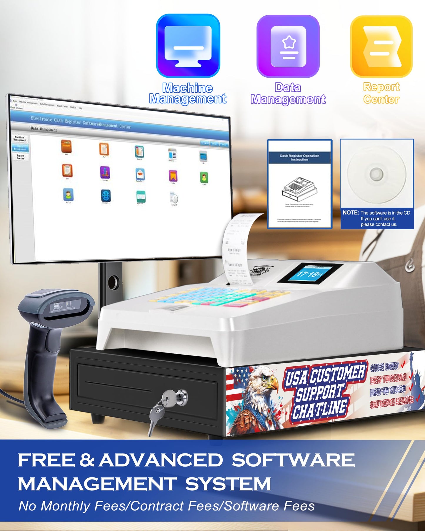 2025 HypeXtec Smart Cash Register with Cash Drawer&Scanner for Small Business,Waterproof&Oil-Proof Electronic Cash Registers Dual Display and Auto Print Receipt