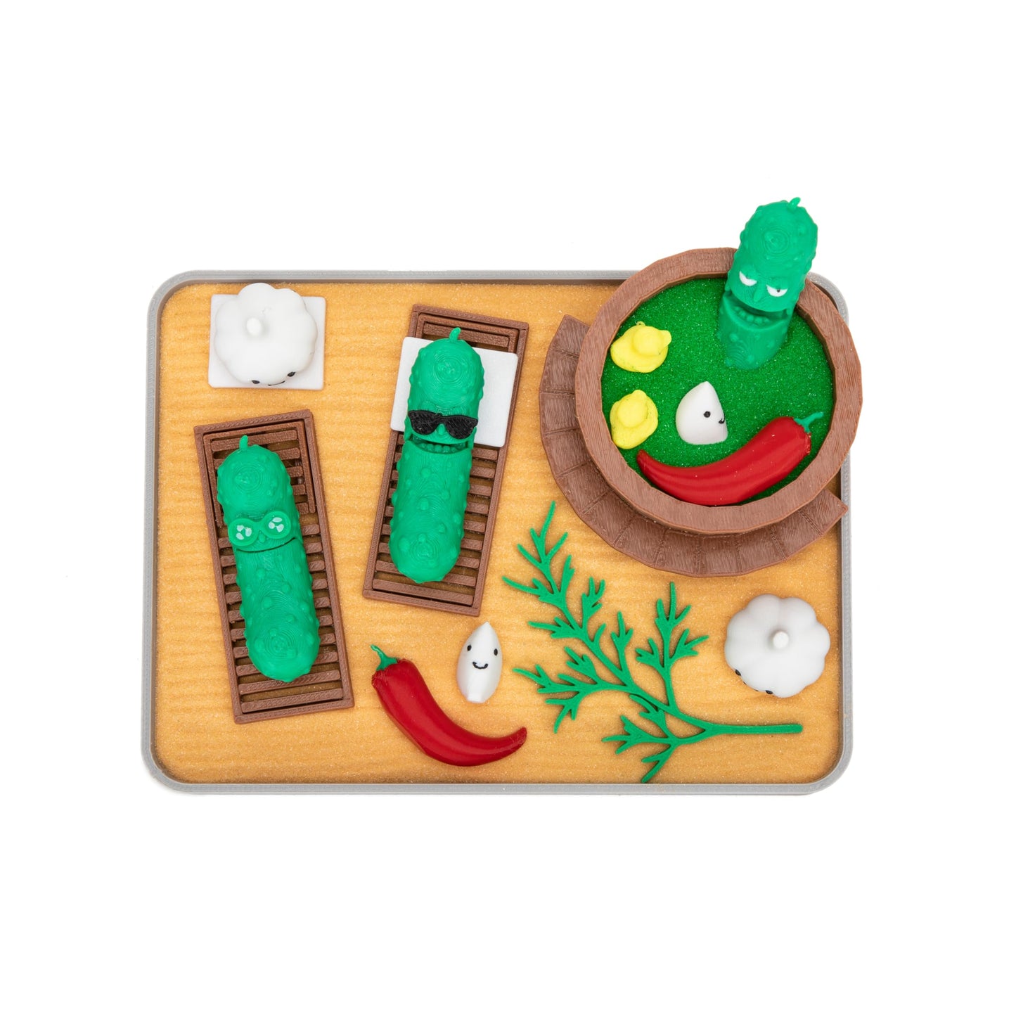 Stylor Pickle Zen Garden Office Desk Decor - Mini Decorative Therapy Sand Tray with Pickle Figurines and Wooden Barrel, Humorous Funny Stress Relief Gift Kit