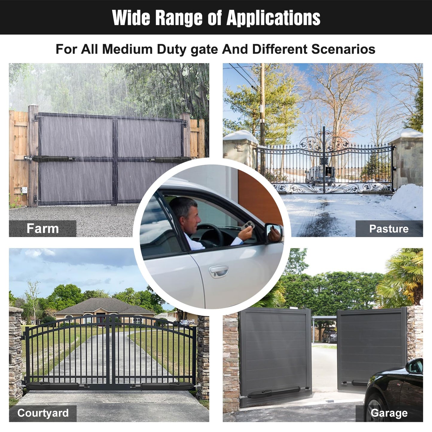JUJIANG C01 Solar Gate Opener with Batteries & Solar Panel for Single Swing Gates Up to 440lb 12FT Automatic Gate Openers with Remote Complete Kit Light Duty Automatic Gate Openers Solar Powered